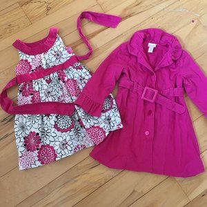 Savannah floral dress and pink trench coat w/ belt, ruffled sleeves & collar, 2T